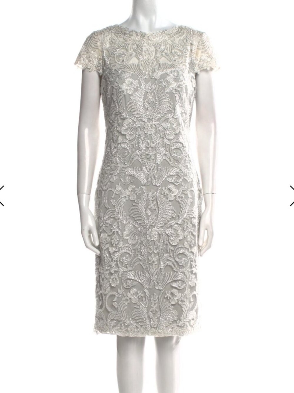 Tadashi Shoji Silver Lace Sheath Dress - Illusion Neckline Size 8